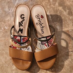 Brighton Tan Leather Wedge Slide Sandals with Printed Insole